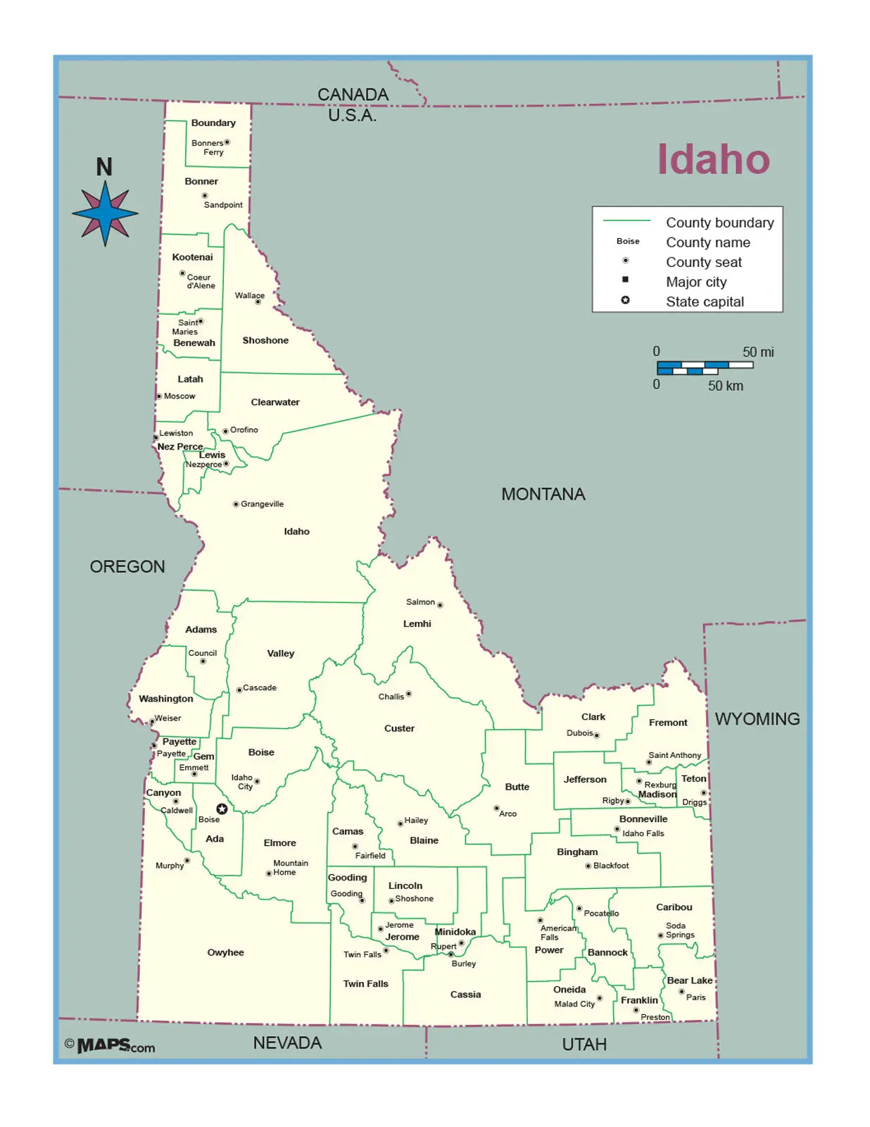 Idaho County Outline Wall Map