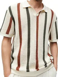 Men's versatile polo neck sweater for spring and summer, Tropical, stylish and casual, color-block striped hollow-out casual pullover knitwear, an essential item for vacation and travel, Classic Aesthetic, Shirts