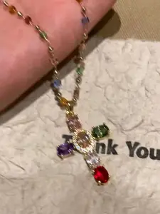 1pc Dopamine Colorful Cross Beaded Necklace for Women, Sparkly Sweet Cool Style, High-End Collar Chain, Cross Chain Design, Unique Necklace, Cross Necklaces, Beautiful Jewelry, Perfect Gift for Her, Cross Charm Necklace