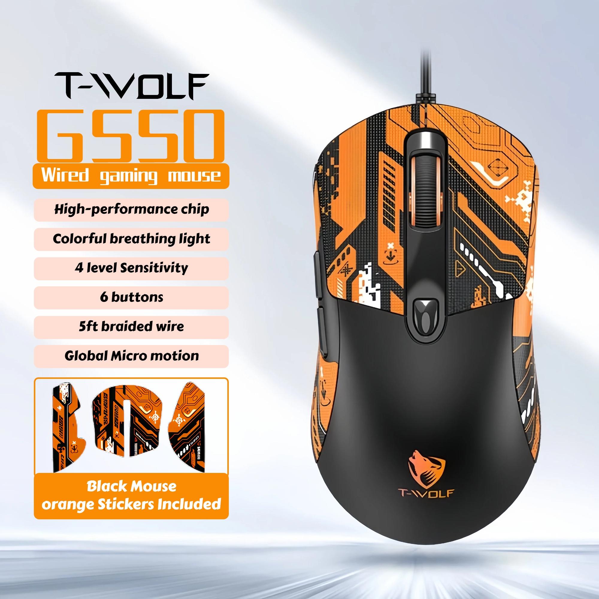 T-WOLF G550 Gaming Mouse with Cool Stickers, RGB backlit Wired Mouse 7200 DPI Adjustable Optical Sensor, Customizable Grip Design, Ergonomic PC Mouse for Laptop, Student, Gaming Setup, Back to School Computer Accessories
