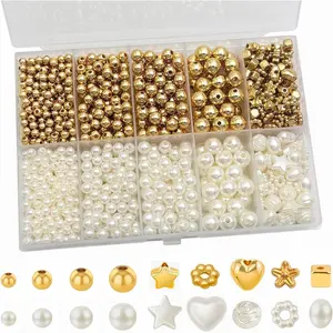 Round Spacer Beads Set for Bracelets, ABS Plastic  and  Beads 4/5/6/8mm 4 Size Smooth Ball Bead for  Making Metal Circle Bead for Bracelet Necklace Earring Making (Golden+)