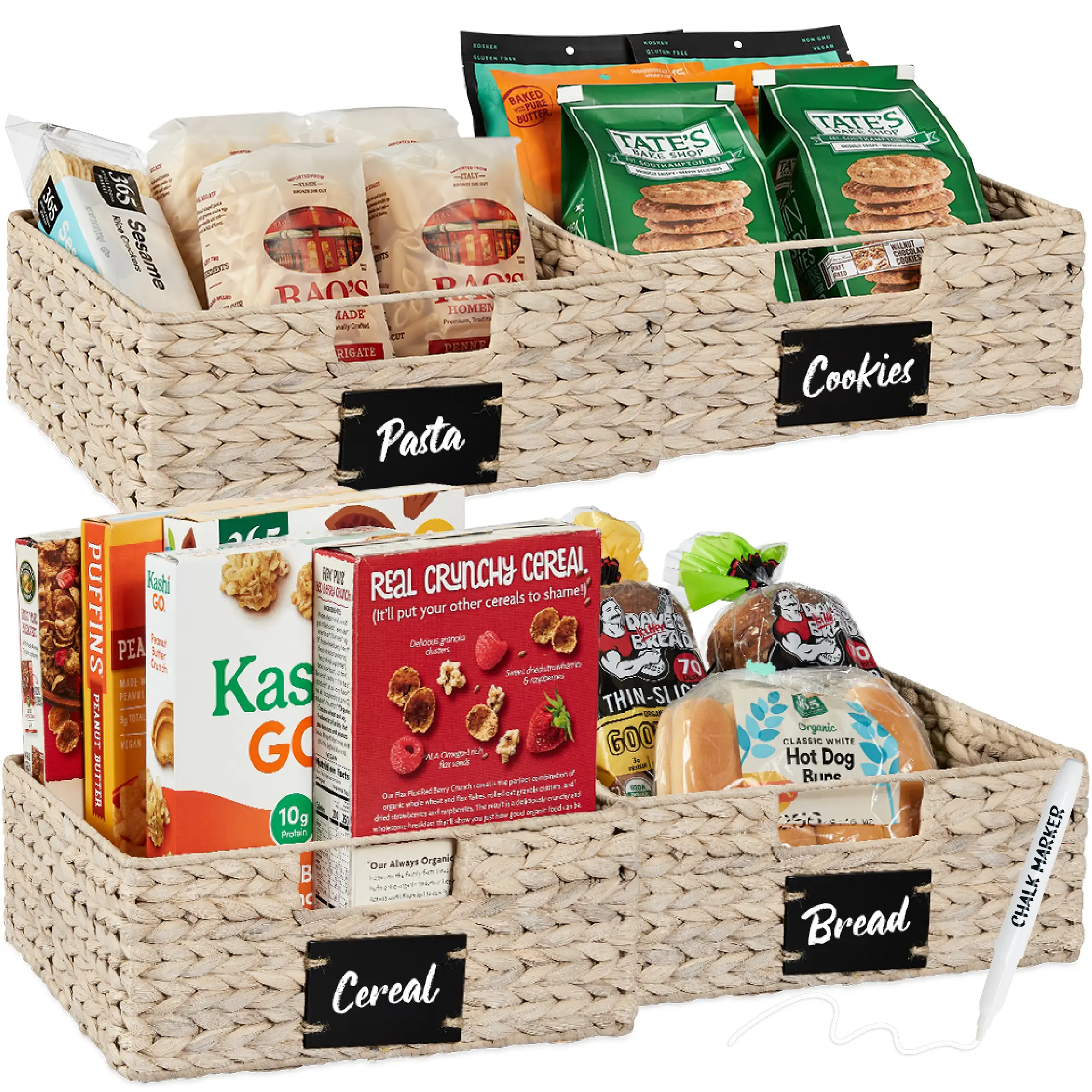 Best Choice Products Set of 4 13in Woven Water Hyacinth Pantry Baskets w/ Chalkboard Label, Chalk Marker