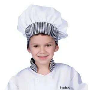 Gingham Chef Hat For Kids - Adjustable White & Black Chef Cap with Velcro Closure – Professional Kitchen Play Time Hat for Boys & Girls – Cosplay Costume & Cooking Dress Up Accessory