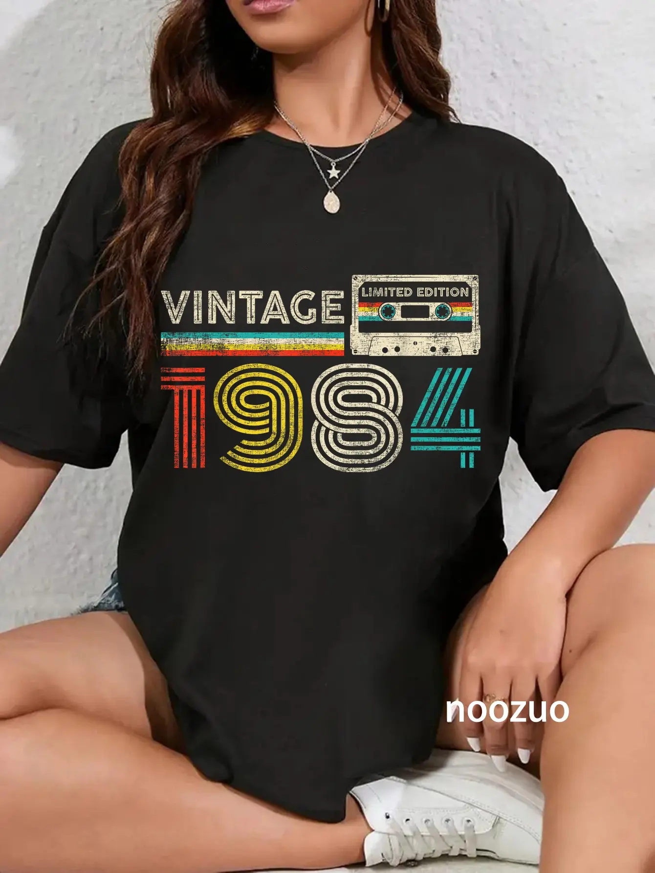 Women's 100% Cotton Vintage 1984 Birthday Theme Graphic T-Shirt - Everyday Distressed Round Neck Short Sleeves Casual Streetwear Top with Cassette Tape Print, Large, Party, Wide Range Of Sizes, Clothes, Crew Neck, T Shirts For Women