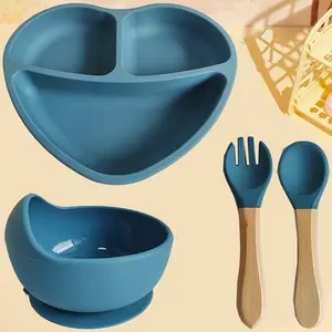 Solid color silicone feeding tableware set, 4-piece set including soft spoon, fork, and bowl, durable food-grade tableware set graduation gift