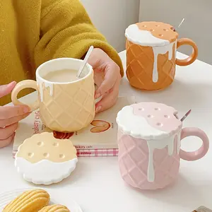 Cookies Cream Coffee Cup Set, Cup With Lid And Spoon, Cute Cookie Pattern, Suitable For Afternoon Tea, Party, Coffee, Milk, Christmas Decoration, Easter, Teacher'S Day, Valentine'S Day, Birthday Gift, Halloween Gift, Perfect Choice For Thanksgiving