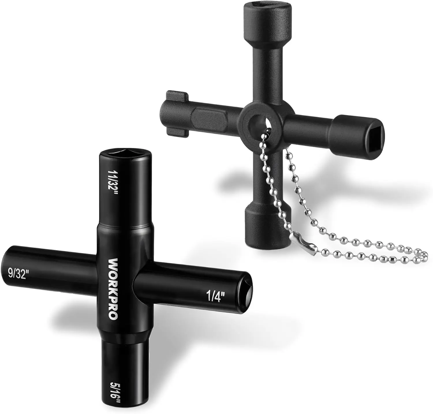 WORKPRO 2PC Water Key Wrench, 40Cr Universal Utility 4 Way Sillcock Key | Multifunctional Heavy-Duty Water Valve Key for Faucet, Spigot, Electric Meter & Cabinet, 1/4", 9/32", 5/16", 11/32"