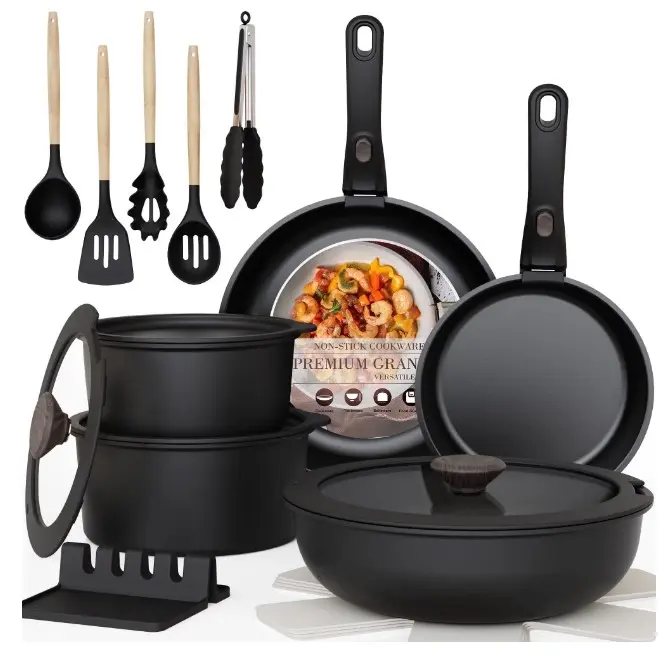 Astercook 20-Piece Pots and Pans Set, Nonstick Cookware Set with Detachable Handles, Oven & Dishwasher Safe, Induction Compatible, Stackable RV Kitchen Cooking Set, Black