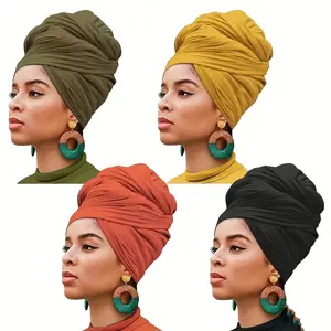 Set of 4 Bohemian Style Pleated Head Wraps, Elegant Solid Color Turban Caps, Breathable And Ultra Soft Extra Long Headbands for Women-DS54G