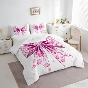 2/3pcs Pink Leopard Bow Comforter Set, Cute Quilt, Soft Microfiber Bedding Set with Pillowcases, Aesthetic Y2K Decor for Girls Bedroom & Dorm Room