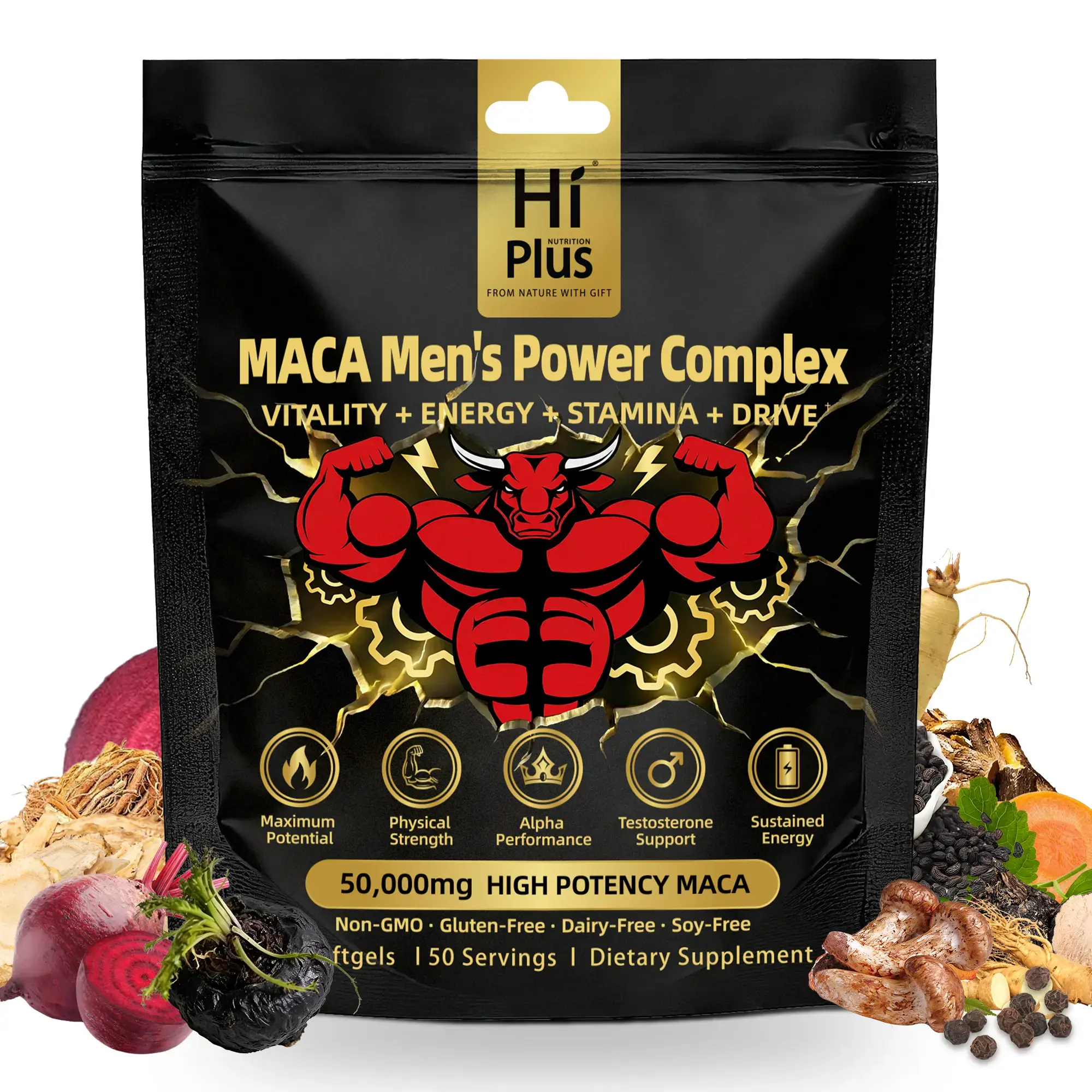 HiPlus Men's Testosterone Booster Power Complex Fitness Supplements for Adults - Shilajit, Maca Blend, Ashwagandha, Ginseng - Metabolism, Energy Aid, Focus Support Pre-Workout (150/300 Softgels)