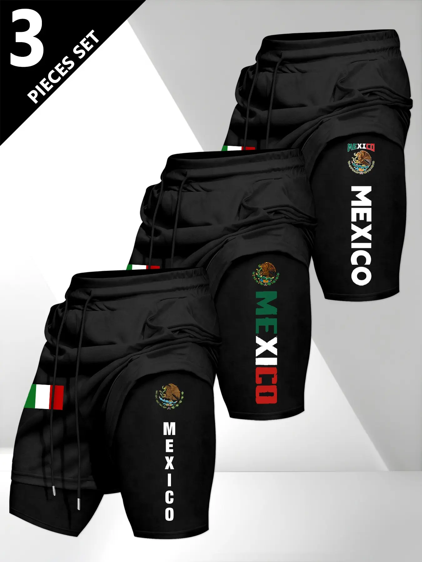 Men's Mexican Flag Print Gym Shorts Set, Running Workout Performance Shorts, Two-In-One Design with Pockets and Elastic Waistband, Suitable for Running/fitness/training, Athletic Wear Shorts