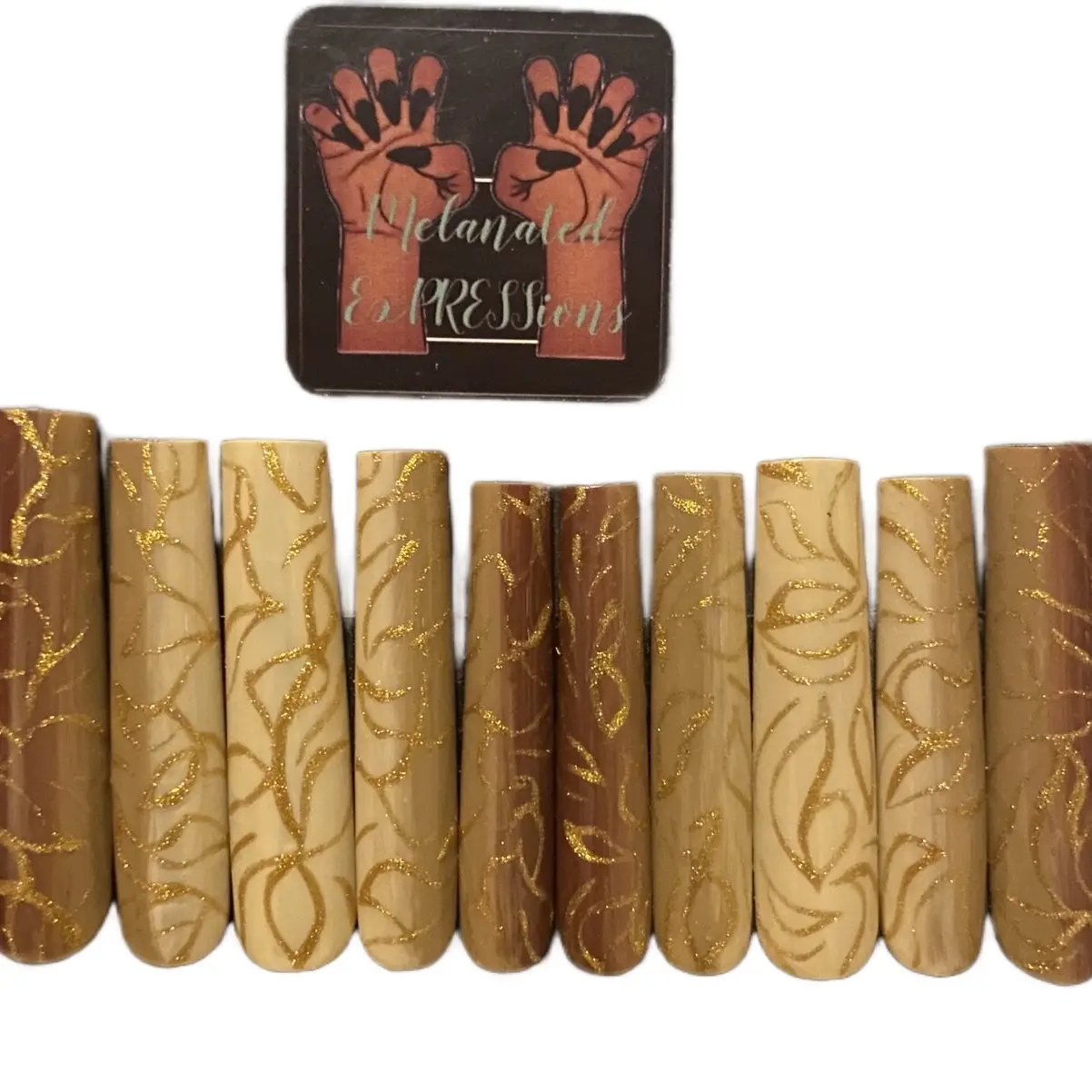 Melanated Expressions Triple Long Square Nails with Monochromatic Ombré Design and Gold Vine Detail for Elegant Nail Art Collection