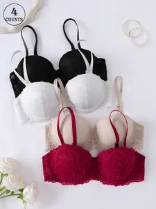 4-piece Solid Color Lace Floral Sexy Bra, Lace Bras, Push-Up and Lift to Enhance Bust Shape, Lace-Trimmed, Lightweight, Breathable and Comfortable, Solid Color Underwear for All Seasons, Women's Lingerie Bra, Lace Brassiere Fit