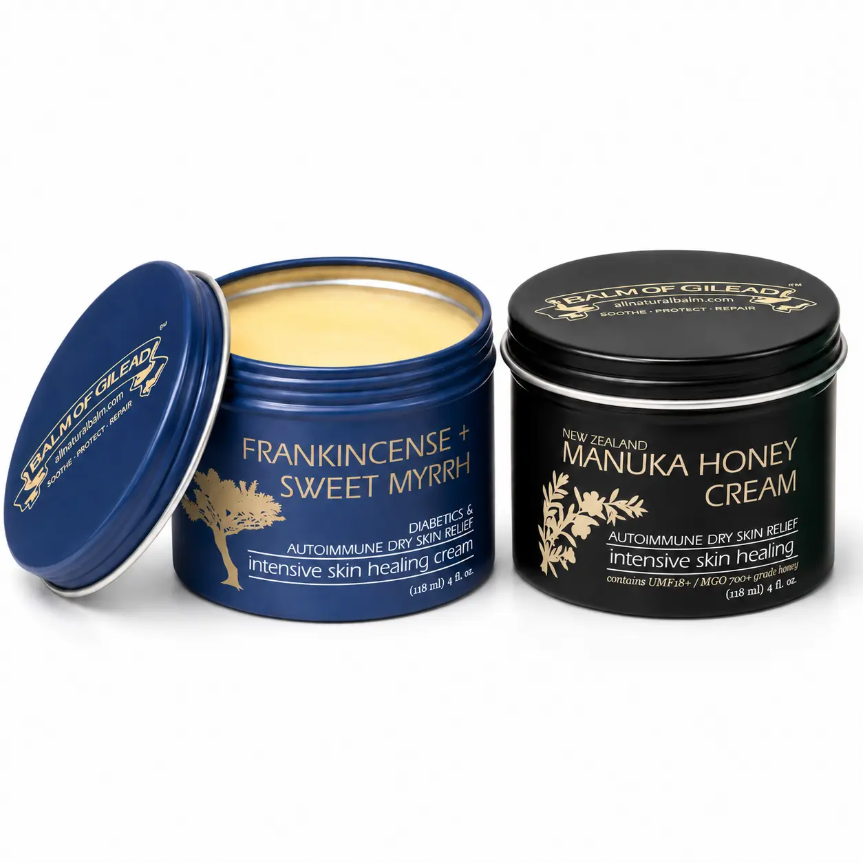 Balm of Gilead Beef Tallow Body Cream Duo, Frankincense + Sweet Myrrh and Manuka Honey, Intensive Moisturizing Skin Care, 4 oz Each