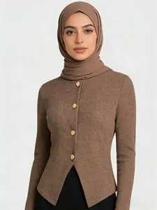 Women's Casual Elegant Ribbed Knit Button Long Sleeve Top, Fitted Plain Design, All Season Wear, Moderate Fabric Thickness, Knitwear