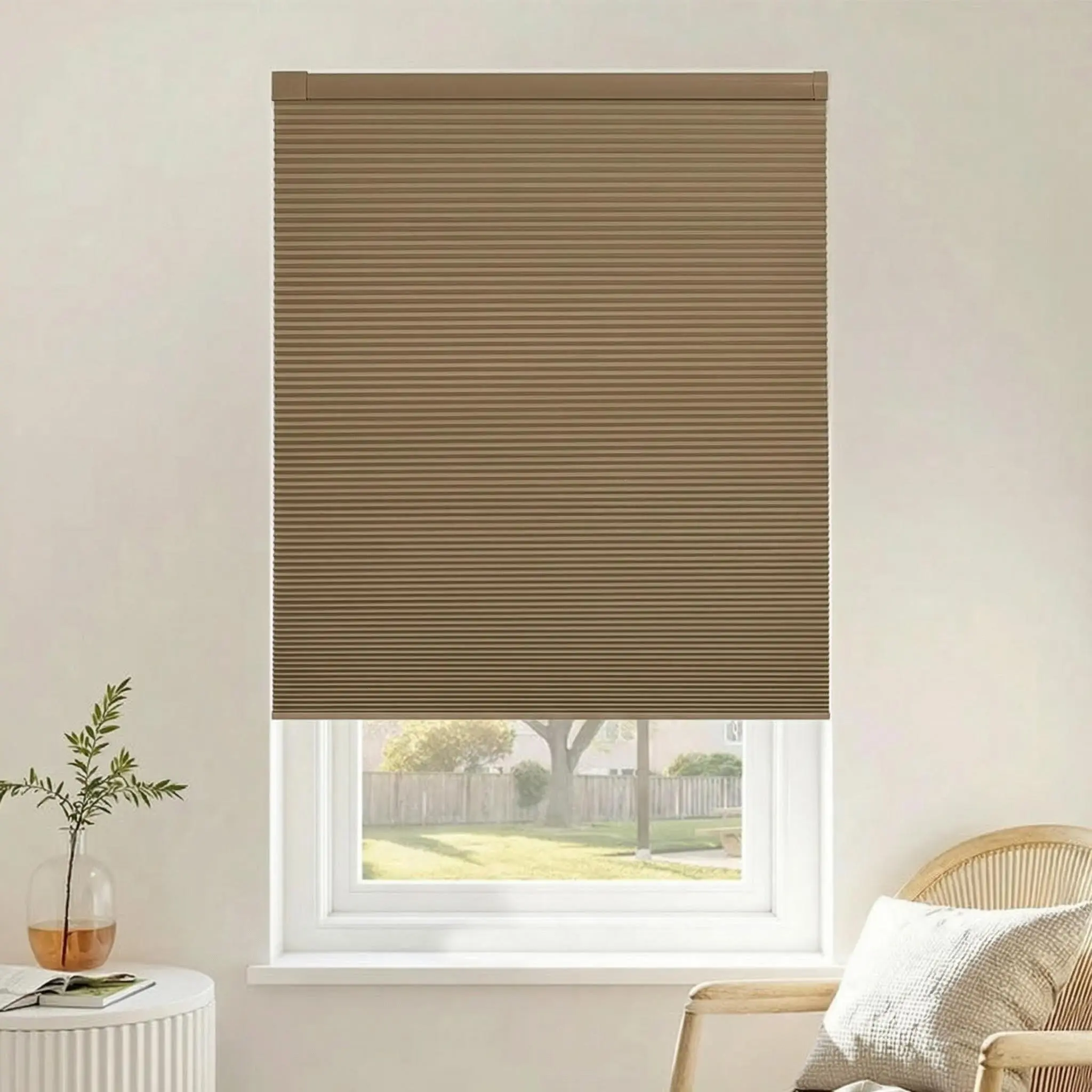 LUXEVOIR PANORAMIX Cordless No-Drill PVC Blackout Honeycomb Blinds, Custom & Adjustable Sizes Light-Blocking Cellular Window Shades for Nursery, Home/Hotel Multiple Rooms - Brown