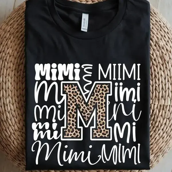 MIMI Graphic Women'S T-Shirt - 100%, Short Sleeve, Crew Neck, Black with Leopard Print "mimi" Design, Casual & Comfortable Fit for Casual Attire