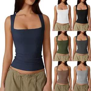 Trendy Square Neck Sleeveless Tank Top for Women 2026 Summer Streetwear Basic Slim Fit Camisole Vest