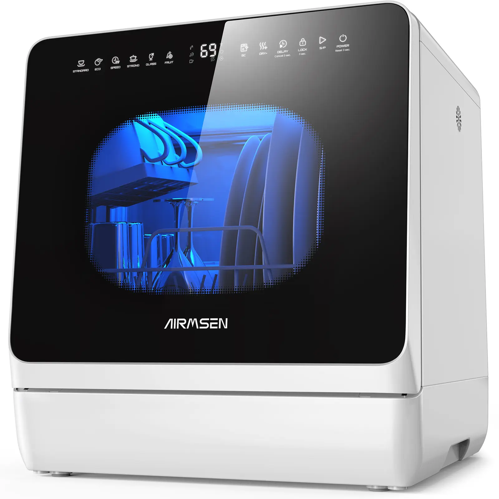AIRMSEN Countertop Mini Size Dishwasher - 8 Wash Programs, 3 Useful Functions, Integrated Water Softener, Delayed Start, Child Lock, No Hookup Needed, Portable for Home & Apartments