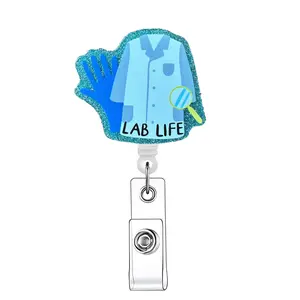 Retractable Acrylic Badge Reel, 1 Count Lab Coat & Gloves Pattern ID Holder, Identification Badges & Supplies for Nurses Doctors Nursing Students Office Staff