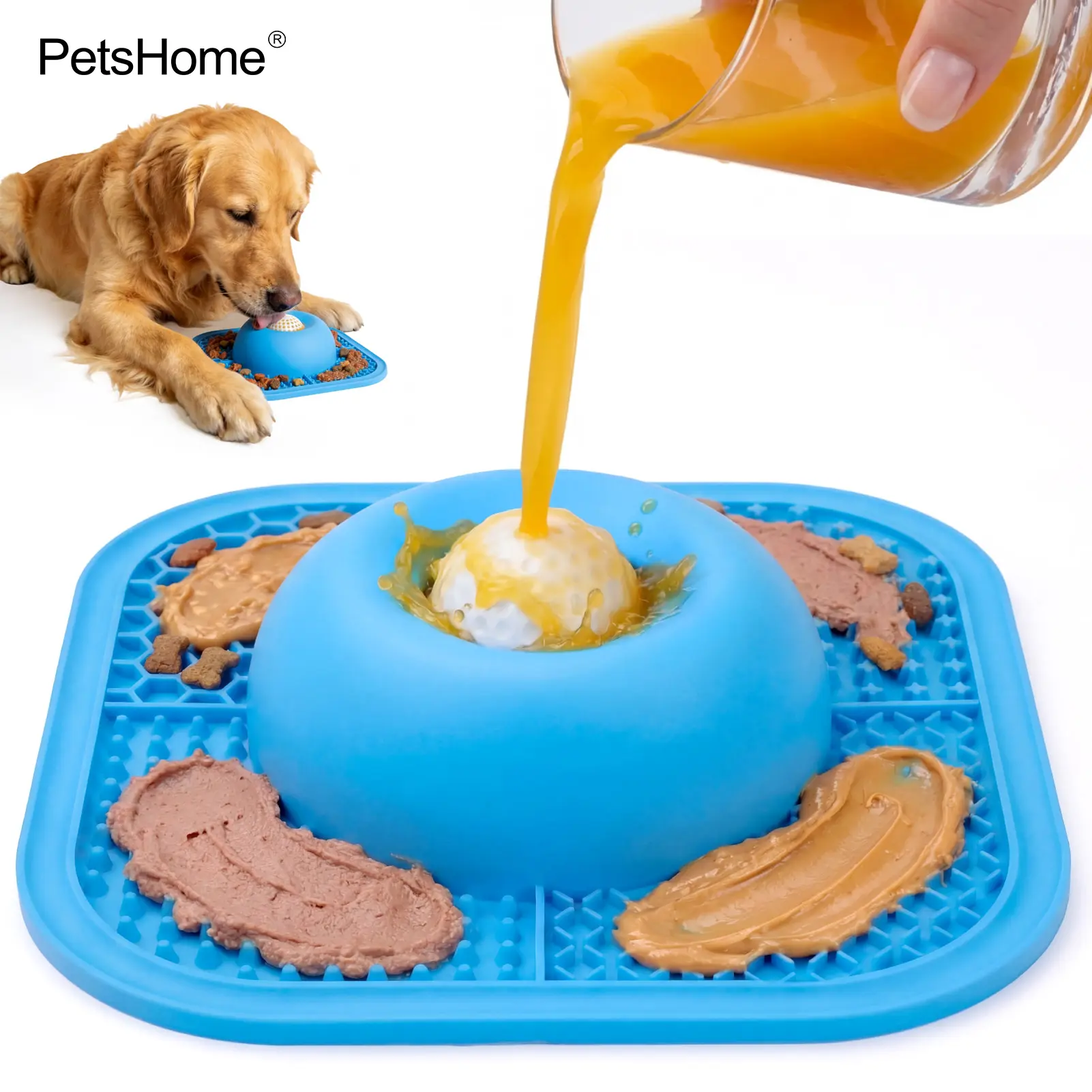 Petshome Slow Feeder Dog Bowls & Lick Mat for Liquid and Thick Treat, Anti-Slip Dog Lick Bowl with Interactive Rolling Ball, 5/6 Cup Pup Licking Toy for Large Medium Small Dogs and Cats Blue