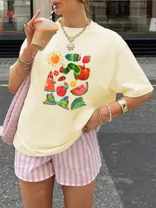 Hungry Caterpillar Back-To-School Print T-Shirt, Short Sleeve Round Neck Casual Top, Summer & Spring Wear, Women's Fashion Tee