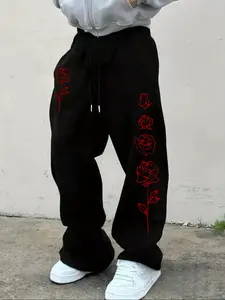 Unisex Red Rose Line Art Graphic Baggy Pants | Gothic Floral Streetwear Wide-Leg Joggers | Comfortable Fleece-Blend Casual Pants | Stylish Everyday & Gothic Wear | Relaxed Fit Rose Graphic Pants | Popular Dark Romantic Streetwear Merch