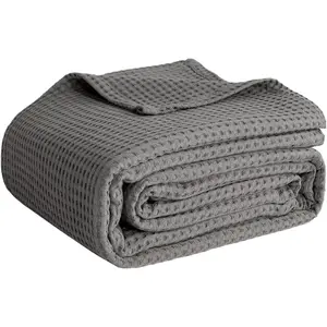 100% Cotton Blankets for Bed - Waffle Weave Blankets for Summer, Lightweight and Breathable Soft Woven Blanket for Spring (Dark Grey, Throw (50" x 60"))