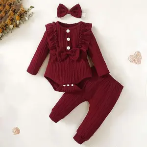 Baby Newborn Clothes Set - Long Sleeve Ruffle Romper with Floral Pants & Matching Headband for Special Occasions or Everyday Wear