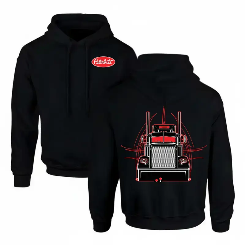 Red Peterbilt Truck Hoodie, 2 Sided Big Rig Graphic Pullovers, Classic American Trucker Hoodie for Men, Long Haul Driver Gift, Heavy Duty Truck Lover