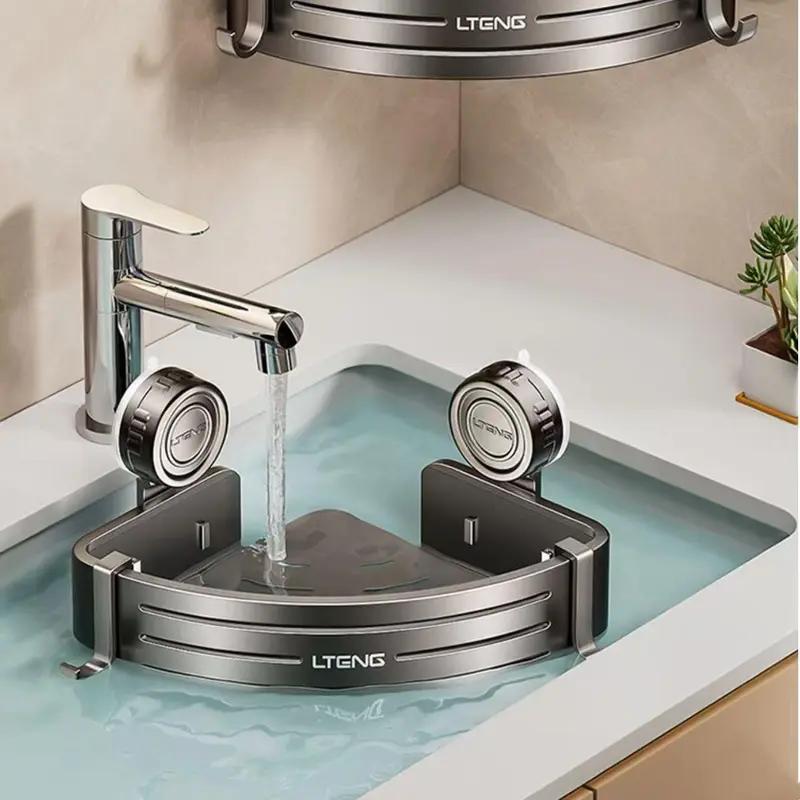 Upgrade Version Gun Gray ABS Triangle Suction Cup ShowerCaddy 3-Tier Corner Shelves NoDrilling 50lbs LoadCapacity 6 Hooks for Bathroom Storage