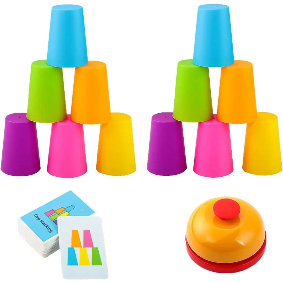 Color Matching Family Edition Stacking Cup Game Kit (2 Pack) - 12 Plastic Cups, 54 Challenge Cards, Buzzer, Mental Training Competitive Activity, No-Screen Time Alternative, 12.6"l x 10.6"w