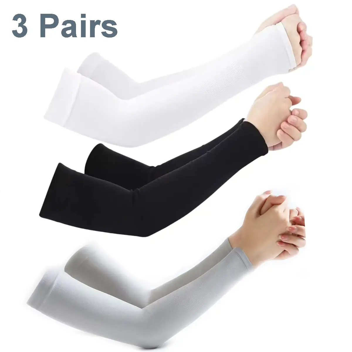 3 Pairs Ice Silk Compression Arm Sleeves for Men Women, Cooling with UV Sun Protection and Thumb Holes, 1 Size Fits All for Running & Cycling, One Size Fits All