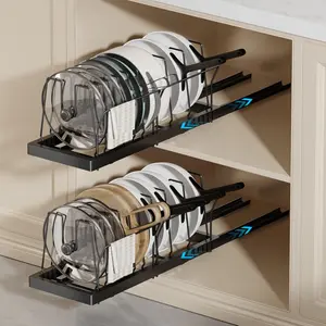 2 Pack Pots and Pans Organizer Cabinet, 22" Deep Expandable Pull Out Pot Lid Organizer and with 10 Dividers No Pot and Pan Holder Rack with Handle Bracket(Black)