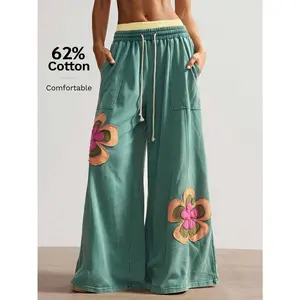 Bohemela Women's Casual Knit Patchwork Loose Wide Leg Pants Boho Pants For Women Flower Pants Wide Leg Summer Pants Hippie Pants Bohemian Pants