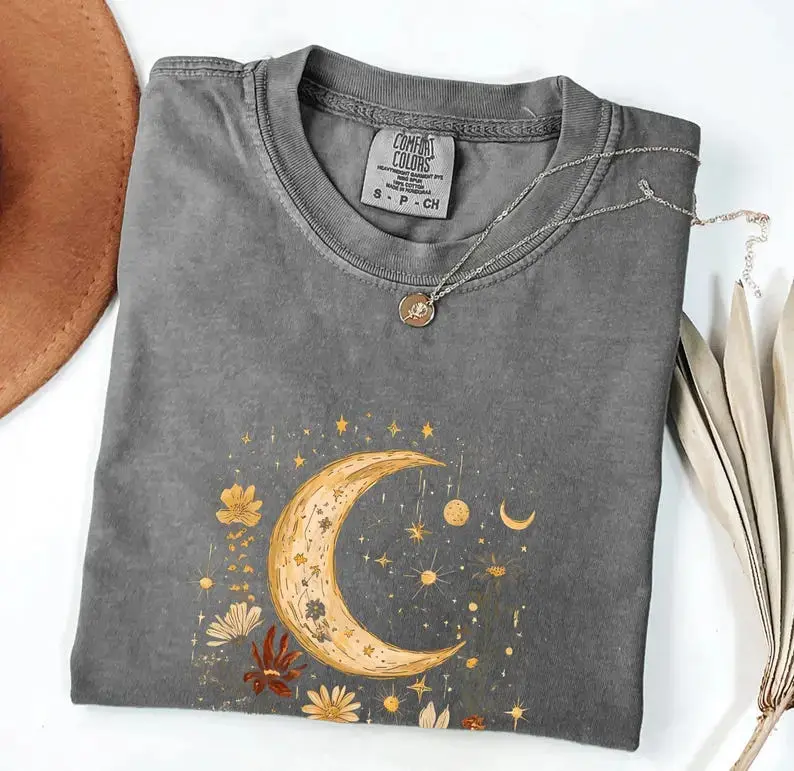Women's Oversized Cotton Tops, Shortsleeve T-Shirt with Printed Moon & Wildflower Graphic for Everyday Casual Wear, Cottagecore Aesthetic, Fit, Thanksgiving, Easter, Valentines Day, Fast Shipping, Tee, Breathable, Fitted, Round Neck, Graphic Print, Short,