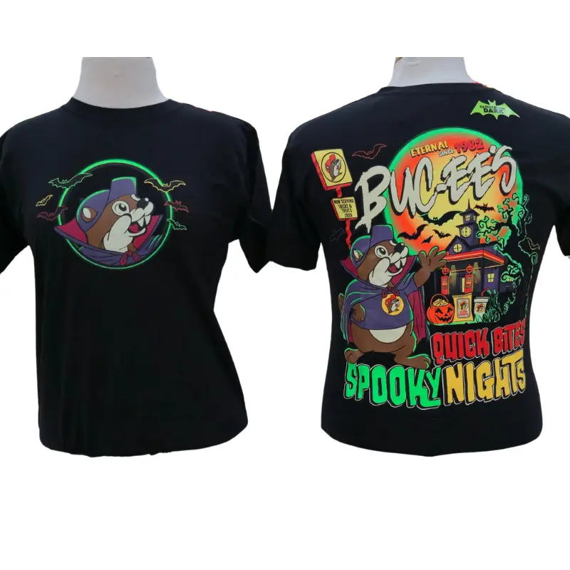 Authentic Buc-ee's New 2026 Halloween "Quick Bites and Spooky Nights" Glow-in-the Dark, Soft, Breathable Cotton Top with Festive Spooky Season Shirt