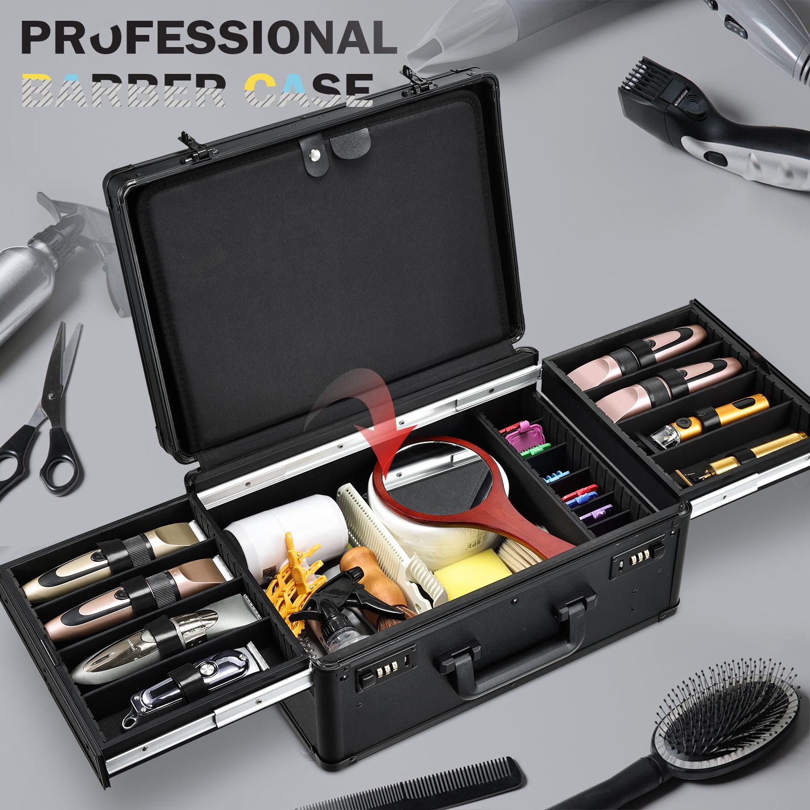 Professional Barber Case Large Hairdresser Carrying Suitcase with Combo Locks Barbers Briefcase Tool Case for Clippers and Supplies Hair Scissors Trimmer Salon Travel Organizer