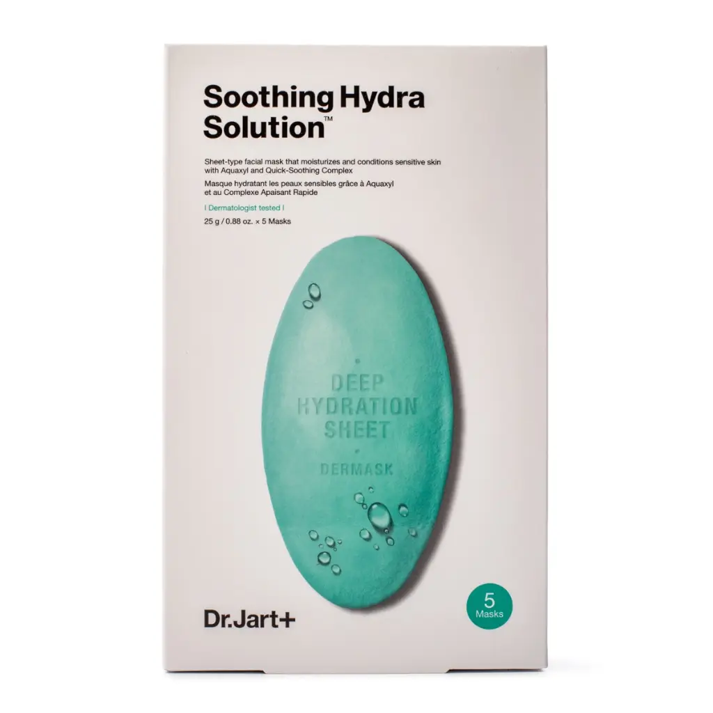 Dr.Jart+ Soothing Hydra Solution Korean Beauty Sheet Mask - Hypoallergenic, Alcohol-Free, Bamboo Aloe Infused, Moisture-Boosting for Sensitive Dry Skin, Selfcare Essential, 5-Pack (1 Box) with Aquaxyl