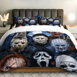 3PCS Duvet Cover Set, 1 Duvet+2 Pillowcases(Without filler), Horror Movie Characters Classic Night Spooky Halloween theme, Halloween bedding set, Scary Pattern Suitable for decoration bedroom, hotel, guest room, lounge
