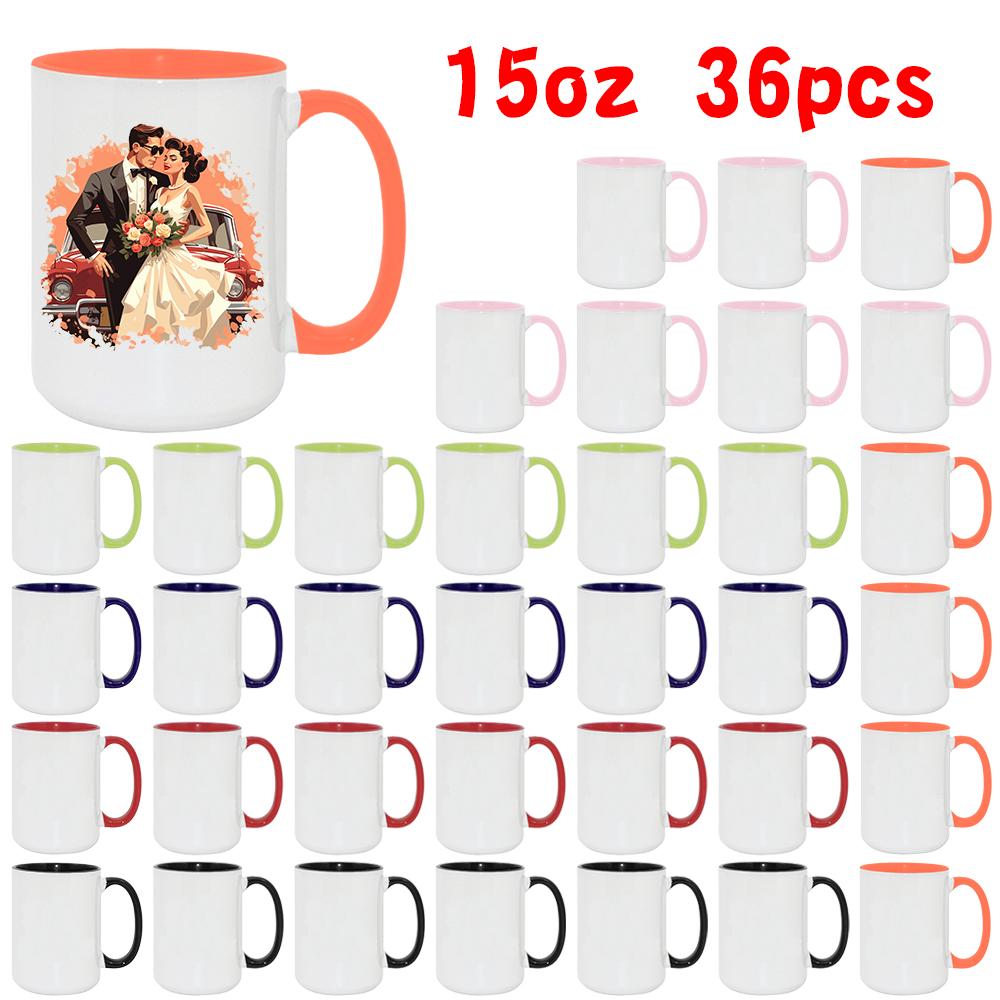 ZREGGUR 36PCS 15oz Sublimation Color Accent Ceramic Mugs, Bulk Kitchen Drinkware with Colored Handles & Rims, Custom Printing Coffee Cups for Custom Gifts, Drink