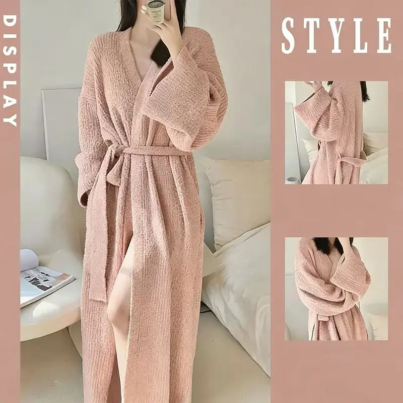 [COZY Soft Plush Feell Women'sSolid Color Thickened Thermal Lined LongSleeve Drop Shoulder Bathrobe, LooseCasual Soft Comfortable Thermal WarmPocket Belted V Neck Dressing Gown forWomen, Ladies Sleepwear for Winter, LoungeRobe