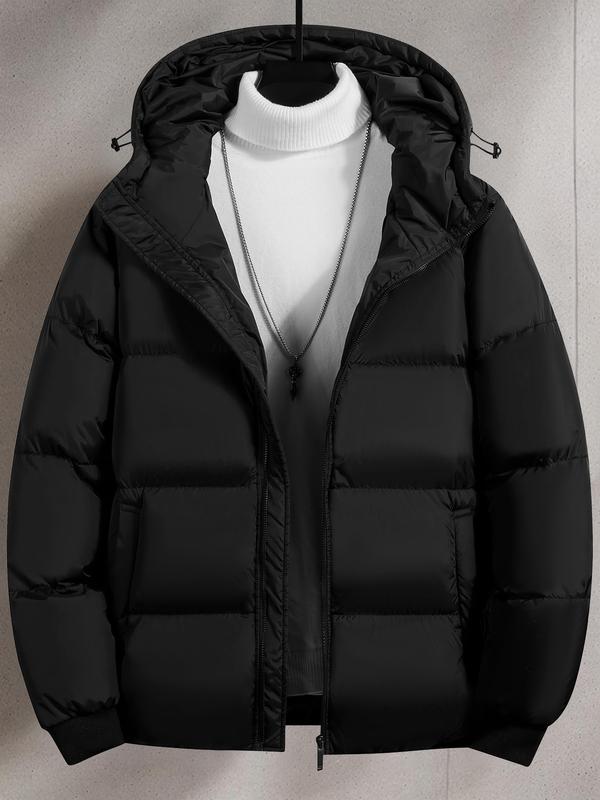 Men's Plain Pocket Zip Up Thick Warm Hooded Puffer Coat, Regular Fit Long Sleeve Padded Winter Coat, Casual Tops Beige Black jackets oktoberfest outfit winter coat boyfriend Menswear