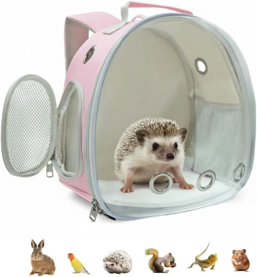 Pink Small Animal Backpack Carrier - Transparent, Breathable Mesh (Mesh Panel), 11.8 x 8.2 x 12.6 in, 1.37 lbs, Effortless Portability for Guinea Pigs, Hedgehogs, Rabbits