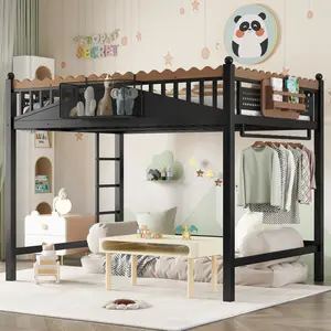 Full Size Loft Bed with Ladders, Heavy- Duty Metal Loft Bed Frame with Storage Shelves and bookshelf, Noise Free, No Box Spring Needed and Chic Design, Black