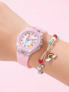 2pcs Cute Unicorn Glowing Quartz Casual Watch Set with Rainbow Pendant Bracelet, Silicone Band, Ideal Gift for Kids, Back to School