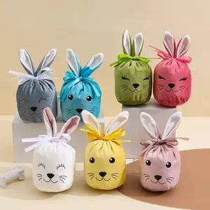 Easter Bunny Drawstring Gift Bag, Cute Plush Rabbit Treat Pouch for Candy & Party Favors