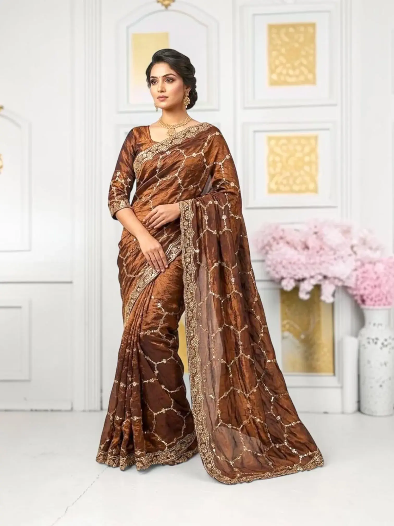 Fendi Silk Party Wear Saree with Unstitched Blouse, Cultural Wear for Women