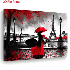 2D Flat, 1 Piece Wooden Frame Paris Eiffel Tower Canvas Painting - Romantic Red Umbrella and Rose Wall Art, Black and White French Landscape with Pink Petals, Horizontal Framed Painting Suitable for Living Room, Bedroom, Christmas Gift, 2D Flat